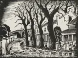 David Botha, Street Scene with Houses and Trees, Paarl, linocut on paper