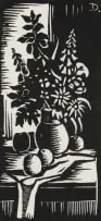 Still Life with Flowers and Fruit by David Botha, linocut on paper, sold Nov 2021