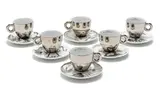 William Kentridge, Illy Cappuccino Cups and Saucers, six, ceramic cups with silver mirrored glaze; ceramic saucers with transfer illustration