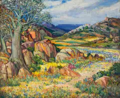 Hugo Naude, Namaqualand Flowers and Quiver Tree, oil on canvas