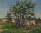 Houses and Trees by Gregoire Boonzaier, oil on canvas, sold Sep 2021