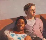 Ian Grose, Mavu and Kyle on Studio Couch, oil on canvas laid down on board