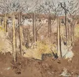 Landscape with Trees and Distant Herd of Wildebeest by Gordon Vorster, oil on board, sold Sep 2021