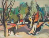 Herbert Coetzee, View of Buildings through Trees, oil on canvas laid down on board