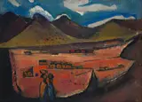 Pranas Domšaitis, Landscape with Figures and Distant Dwellings