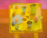 Susan Helm Davies, Still Life with Yellow Cloth, acrylic on board