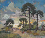 Aand Toneel naby die Reisiesbaan, Kenilworth, Kaap (Evening, below Kenilworth Racecourse, Cape) by Gregoire Boonzaier, oil on canvas, sold Nov 2021
