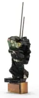 Wim Botha, Head, carved and burnt books with metal rods on a wooden base