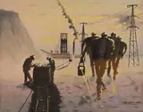 John Koenakeefe Mohl, Miners at Sunset, Some On, Some Off Duty, near Carletonville, oil on board