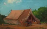 Camp Tent by Jacobus Hendrik Pierneef, oil on canvas laid down on board, sold Jul 2021