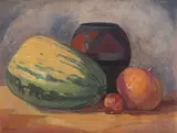 Still Life with Gourds, a Pomegranate and an African Clay Pot by Jacobus Hendrik Pierneef, oil on board, sold Jul 2021