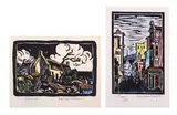 Gregoire Boonzaier, Homestead; Street Scene, two, linocut and watercolour on paper