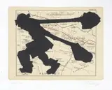 William Kentridge, Village Deep, 2003, chine collé silhouette image on de-acidified book page from 'Mines of the Transvaal' (RR Mabson, 5th edition, published by The Statist, London 1908-9) collaged on white BFK Rives paper, 250 gsm, with 25 hand-torn black paper collage elements