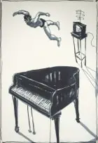 Leon Vermeulen, Floating Figure, Television and a Grand Piano, ink on paper