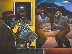 Affirmative Action by Selwyn Pekeur, oil on canvas, sold Aug 2021