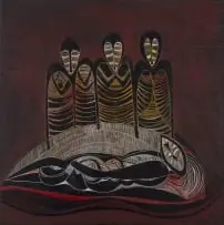 Cecil Skotnes, The Wake, carved, incised and painted wood panel