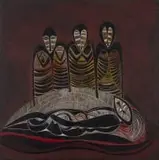 Cecil Skotnes, The Wake, carved, incised and painted wood panel