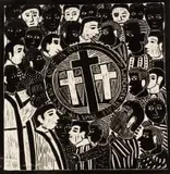 Windhoek People Pray for Peace and Love by John Muafangejo, linocut, sold May 2021