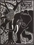 John Muafangejo, Elephant is Killing a Lion in Funny Way, linocut