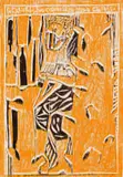 A Carvre (sic) Who Carves with Three Chisels (orange) by John Muafangejo, woodcut, sold May 2021
