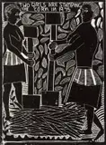 Two Girls are Stamping the Corn by John Muafangejo, linocut, sold May 2021
