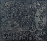 Orange Farm (original lino block) by John Muafangejo, lino block laid down on board, sold May 2021