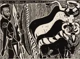 A Man is Looking after Oxen in Summer by John Muafangejo, linocut, sold May 2021