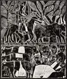 A Man is Hunting an Eland in Forest and Skinning It by John Muafangejo, linocut, sold May 2021