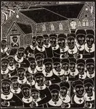 Evangelical Lutheran Church Womens Meeting by John Muafangejo, linocut, sold May 2021