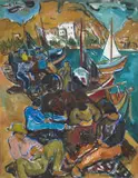 Irma Stern, Repairing Fishing Nets on the Quay, oil on canvas