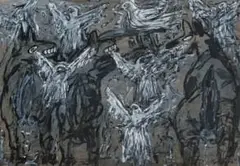 David Koloane, Dog Chasing Birds, acrylic, gouache and charcoal on paper