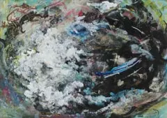 Cecil Higgs, Abstract Composition in Green and Blue, mixed media on paper laid down on card