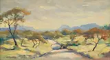 Landscape with Figures by Walter Battiss, oil on canvas laid down on board, sold May 2021