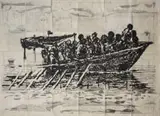 William Kentridge, Refugees (You Will Find No Other Seas), 2017, lift ground aquatint etching on 100% sisal and cotton Phumani handmade paper, mounted on raw cotton cloth bound with a sewn seam in the middle