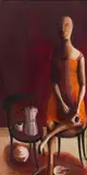 Deborah Bell, See-Line Woman Dressed in Red, She Drink Tea, She Drink Coffee, Then She Go Home, oil on canvas