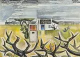 Peter Clarke, Train Passing through the Karoo, mixed media on paper