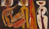 Cecil Skotnes, Four Figures, incised and painted wood panel
