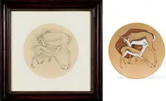 Kalahari Studio, Springbok Ewe and Lamb (Preliminary Drawing and Plate), two, pencil on paper; glazed and fired ceramic