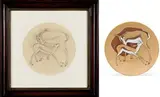 Kalahari Studio, Springbok Ewe and Lamb (Preliminary Drawing and Plate), two, pencil on paper; glazed and fired ceramic