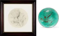 Kalahari Studio, Protea (Preliminary Drawing and Plate), two, pencil on paper; glazed and fired ceramic