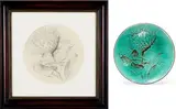 Kalahari Studio, Protea (Preliminary Drawing and Plate), two, pencil on paper; glazed and fired ceramic
