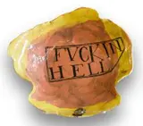 Ruan Hoffmann, Fuck in Hell, ceramic earthenware with coloured porcelain slip and underglaze