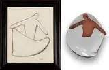 Kalahari Studio, Figure Holding a Cloth (Preliminary Drawing and Plate), two, charcoal on paper; glazed and fired ceramic plate