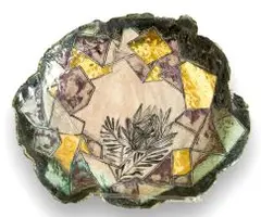 Untitled (Mosaic Pattern) by Ruan Hoffmann, ceramic earthenware with coloured porcelain slip, underglaze and gold lustre, sold Feb 2020