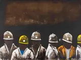 Sam Nhlengethwa, Row of Miners, oil on canvas