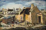 David Botha, Mother and Children Feeding Chickens, oil on canvas