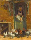 Woman Feeding Chickens by Adriaan Boshoff, oil on canvas laid down on board, offered Oct 2019