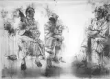 Three Fates by Diane Victor, ash drawing on paper, offered Feb 2020
