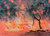 John Koenakeefe Mohl, Bushveld Fire with Blackbirds Consuming Insects, W. Tvl, oil on canvas