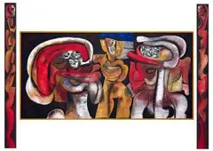 Cecil Skotnes, Abstract Figures, carved, incised and painted wood panel